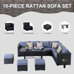 Outsunny 9-Seater Garden Rattan Furniture 10 Pcs Rattan Corner Dining Sofa Set, Grey/Dusty Blue Cushion -OUTSUNNY Store ozna0917eecc28a4b
