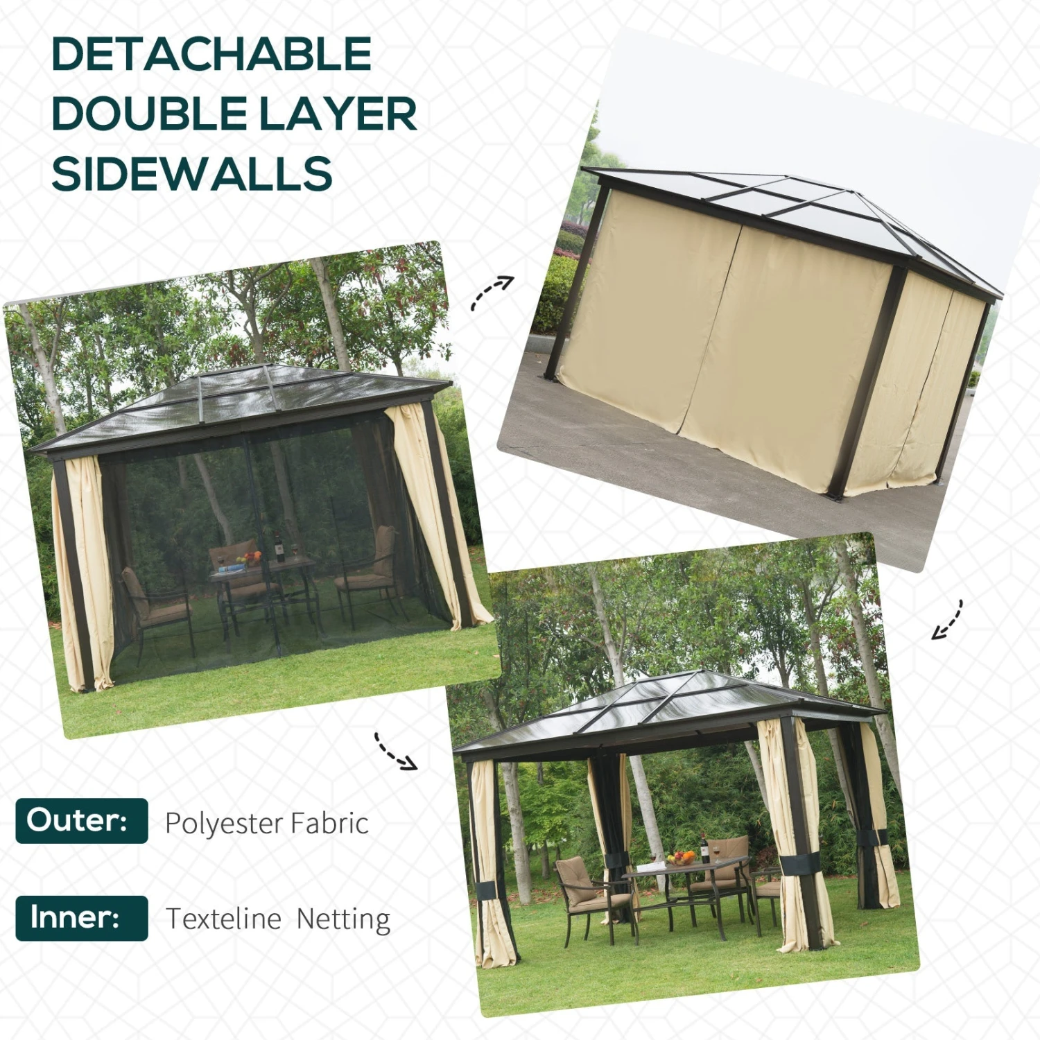 Outsunny 3 X 3.6(m) Hardtop Gazebo Canopy With Polycarbonate Roof And Aluminium Frame, Garden Pavilion With Mosquito Netting And Curtains, Brown 5 Outsunny 3 X 3.6(m) Hardtop Gazebo Canopy With Polycarbonate Roof And Aluminium Frame, Garden Pavilion With Mosquito Netting And Curtains, Brown - Image 5