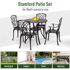 Outsunny Patio Cast Aluminium 5 PCS Dining Table & 4 Chairs Set Outdoor Garden Furniture -OUTSUNNY Store suo84217dc3c1dd29