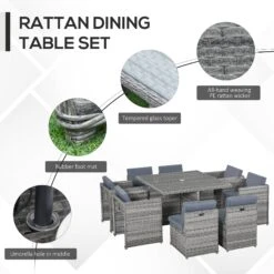 Outsunny 9 Pieces PE Rattan Cube Garden Furniture Set With Cushions, Outdoor Dining Table Set With 4 Armchair, 4 Single Seat, And Glass Top Table W/ Umbrella Hole, Mixed Grey -OUTSUNNY Store tPc88c17eecc28a6f