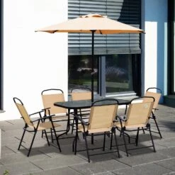 Outsunny 8 Pieces Dining Set Furniture Garden Foldable 6 Chairs 1 Table With Parasol Beige -OUTSUNNY Store uQI5bc17dc2f87b27