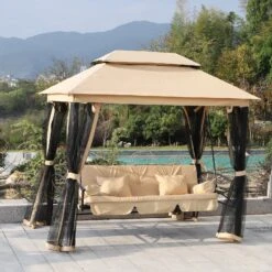 Outsunny 3 Seater Swing Chair 3-in-1 Convertible Garden Swing Seat Bed Gazebo Patio Bench Outdoor With Double Tier Canopy, Cushioned Seat, Mesh Sidewalls, Beige -OUTSUNNY Store uto4a017dc4c2349d