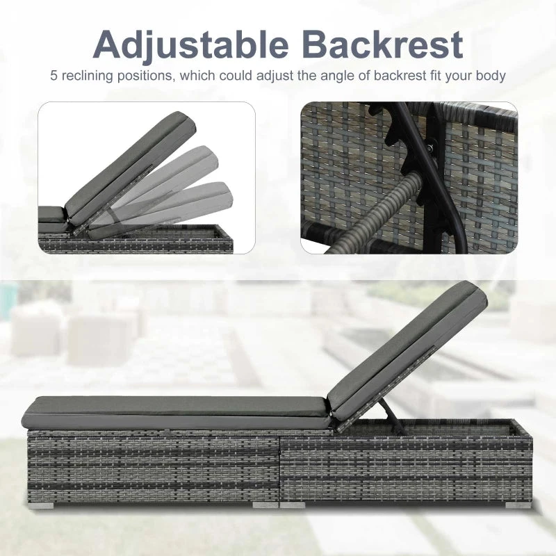 Outsunny Rattan Reclining Lounger - Grey 6 Outsunny Rattan Reclining Lounger - Grey - Image 6