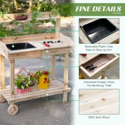 Outsunny Wooden Potting Bench Work Table With 2 Removable Wheels, Sink, Drawer & Large Storage Spaces, 92x45x119cm -OUTSUNNY Store vfT88c17ee2cf0775