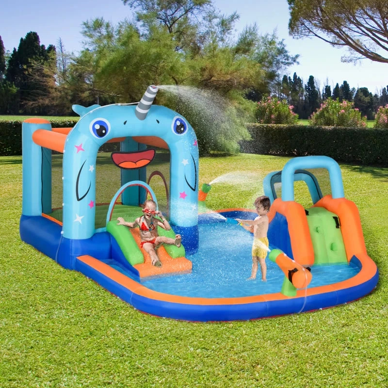 Outsunny Bouncy Castle With Paddling Pool And Sprinkler - Narwhals 2 Outsunny Bouncy Castle With Paddling Pool And Sprinkler - Narwhals - Image 2