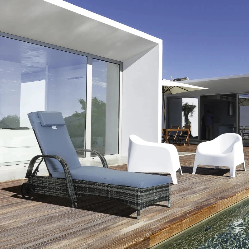 Outsunny Rattan Sun Lounger W/ Cushion - Grey 2 Outsunny Rattan Sun Lounger W/ Cushion - Grey - Image 2