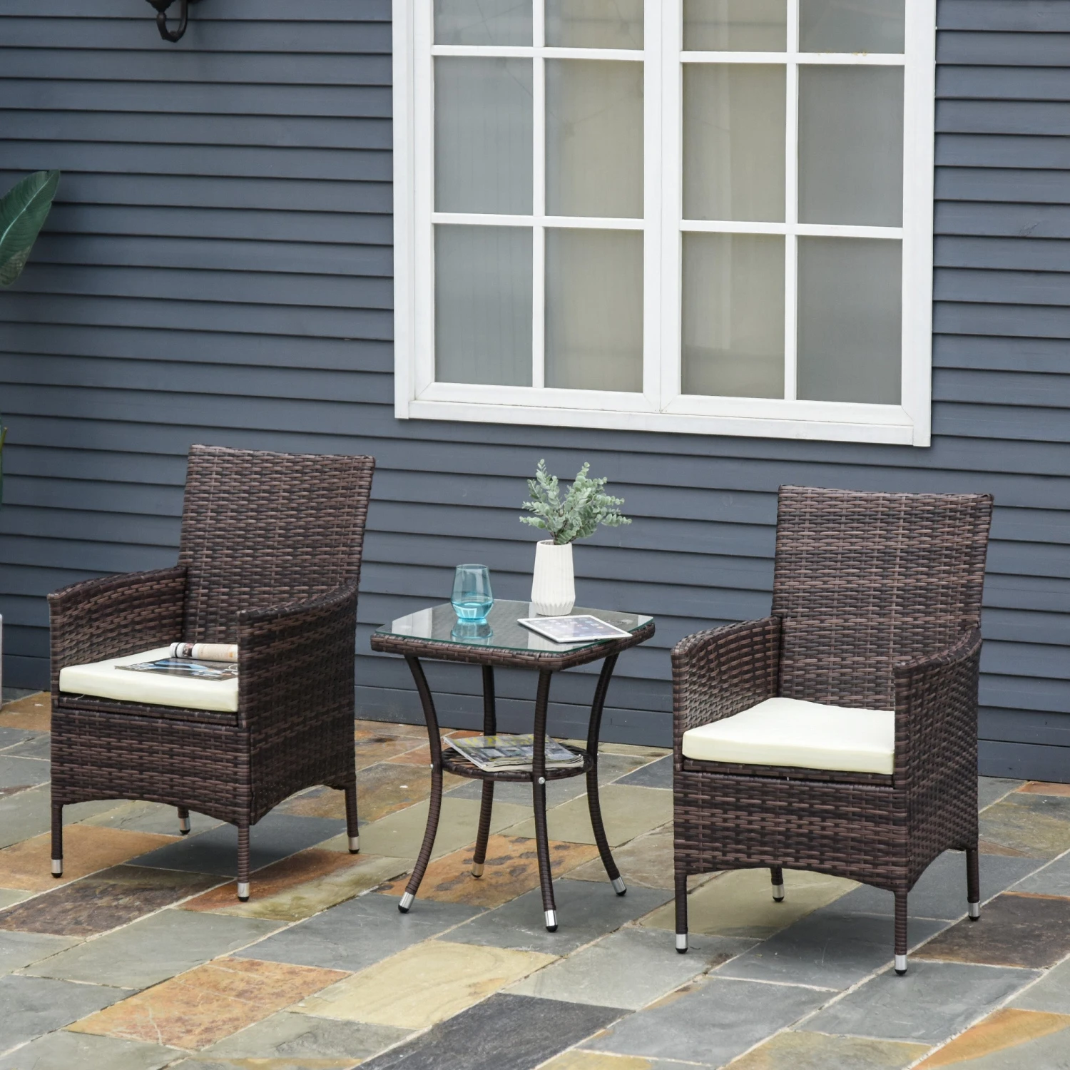 Outsunny Three-Piece Rattan Chair Set, With Cushions - Brown 2 Outsunny Three-Piece Rattan Chair Set, With Cushions - Brown - Image 2